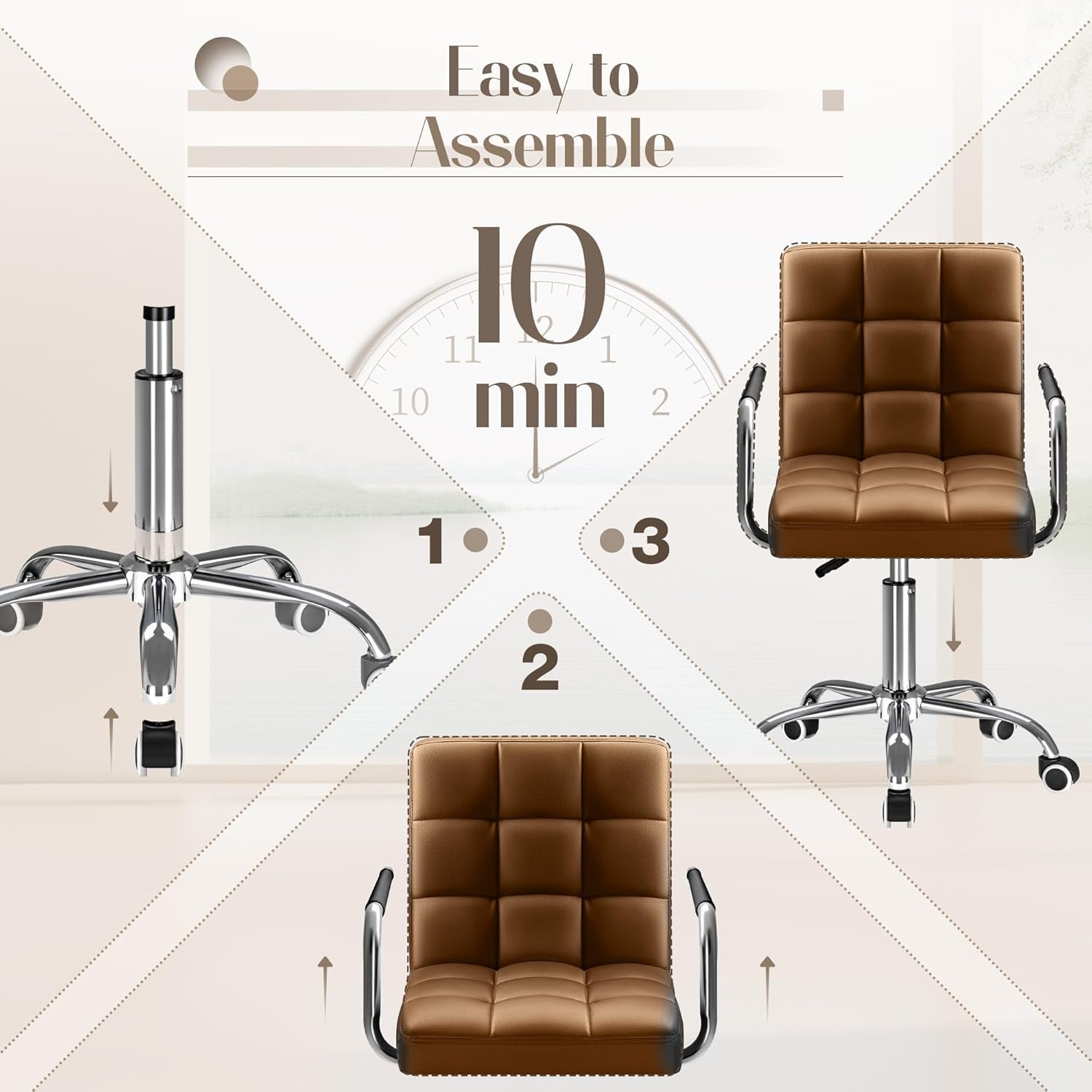 Mid Back Task Chair PU Leather Brown 360 Degree Swivel