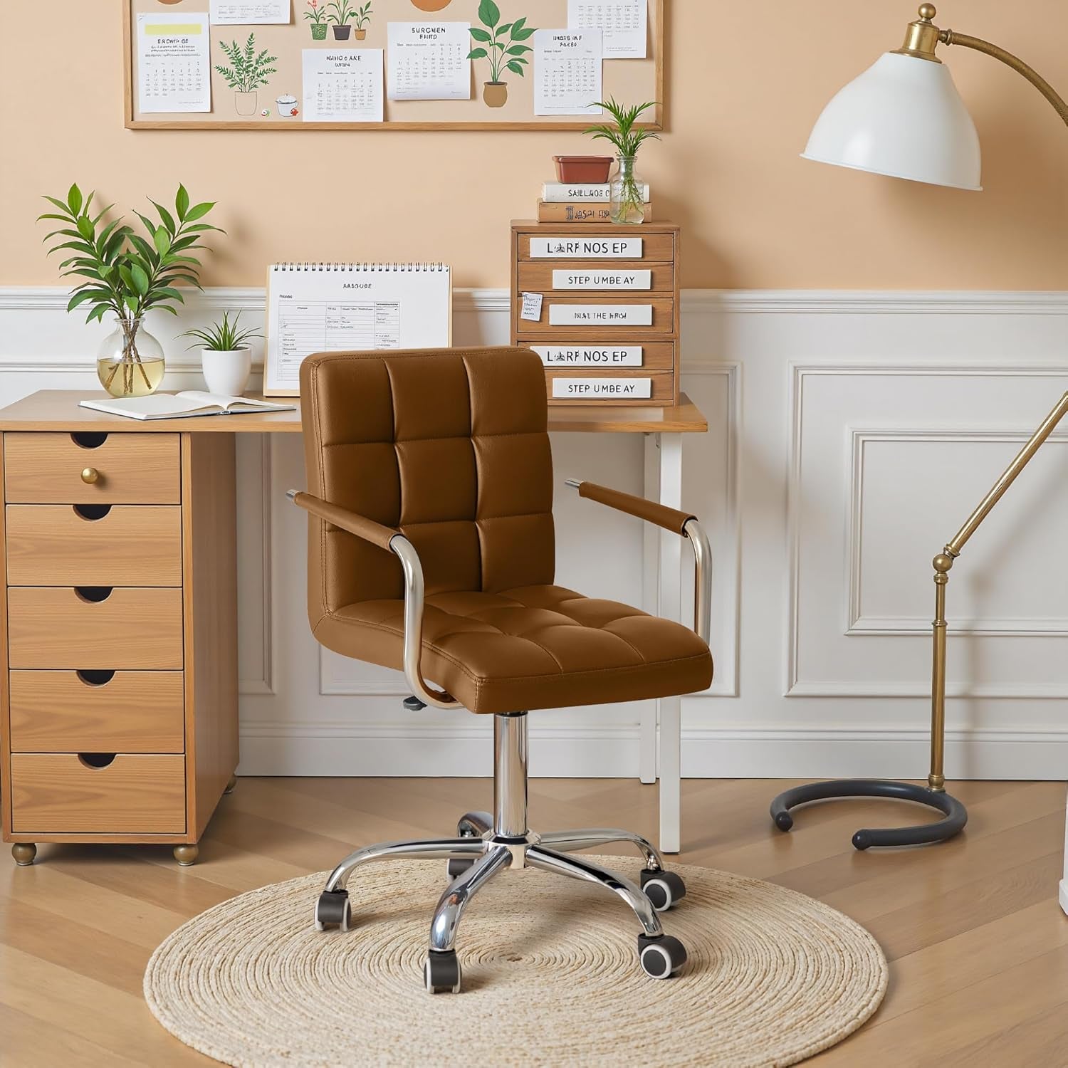 Mid Back Task Chair PU Leather Brown 360 Degree Swivel