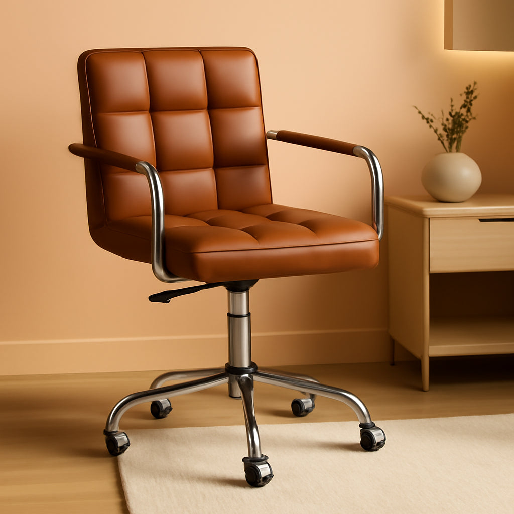 Mid Back Task Chair PU Leather Brown 360 Degree Swivel