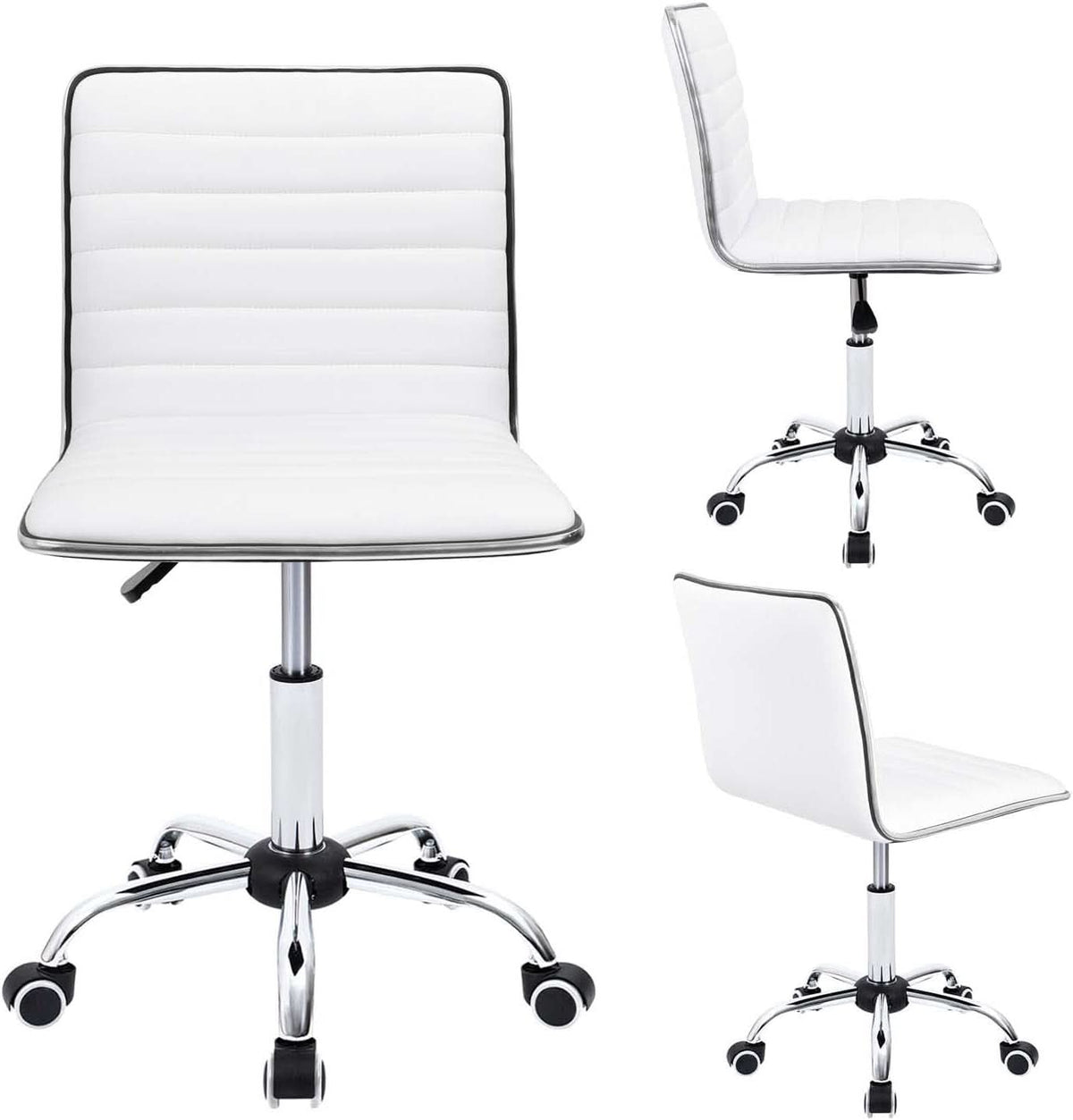 Mid Back Vanity Chair White PU Leather Swivel Office Chair
