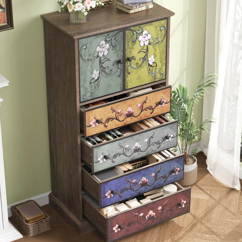 Mid Century Accent Cabinet With Hand Painted Floral