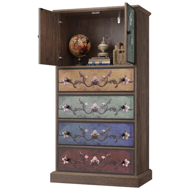 Mid Century Accent Cabinet With Hand Painted Floral
