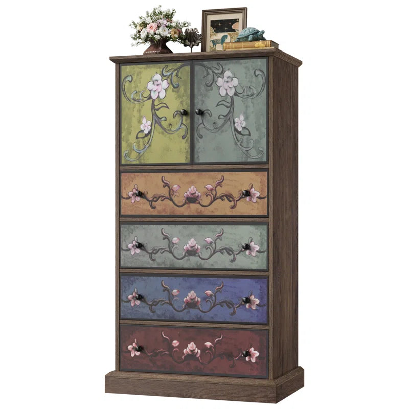 Mid Century Accent Cabinet With Hand Painted Floral