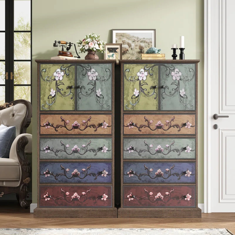 Mid Century Accent Cabinet With Hand Painted Floral