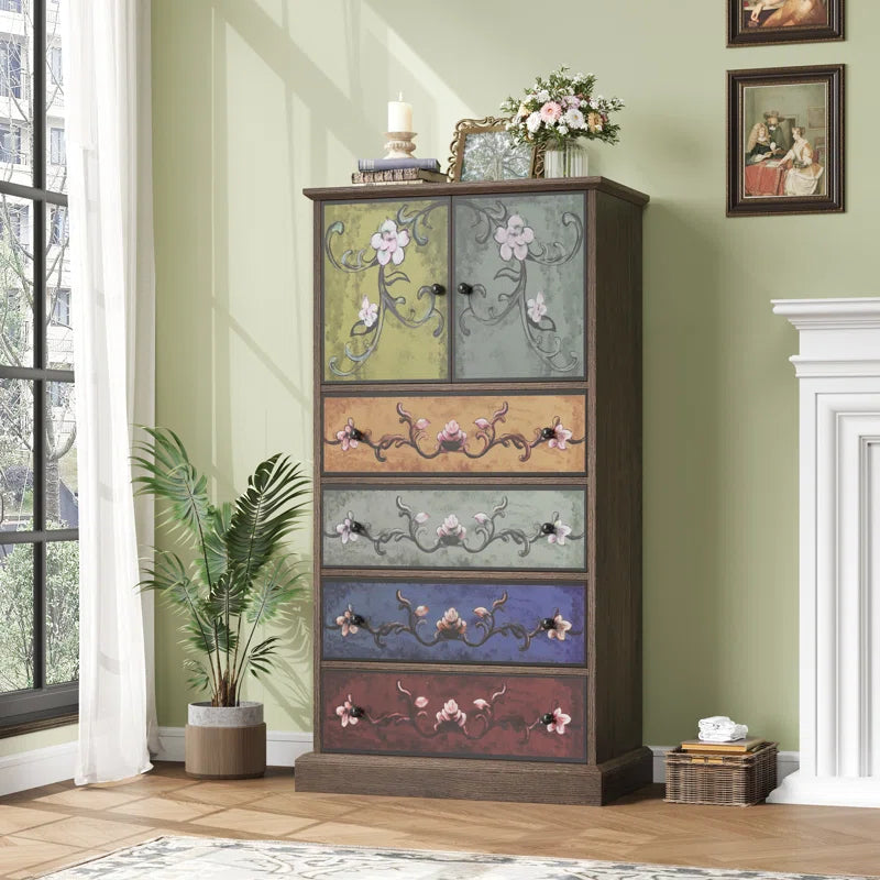 Mid Century Accent Cabinet With Hand Painted Floral