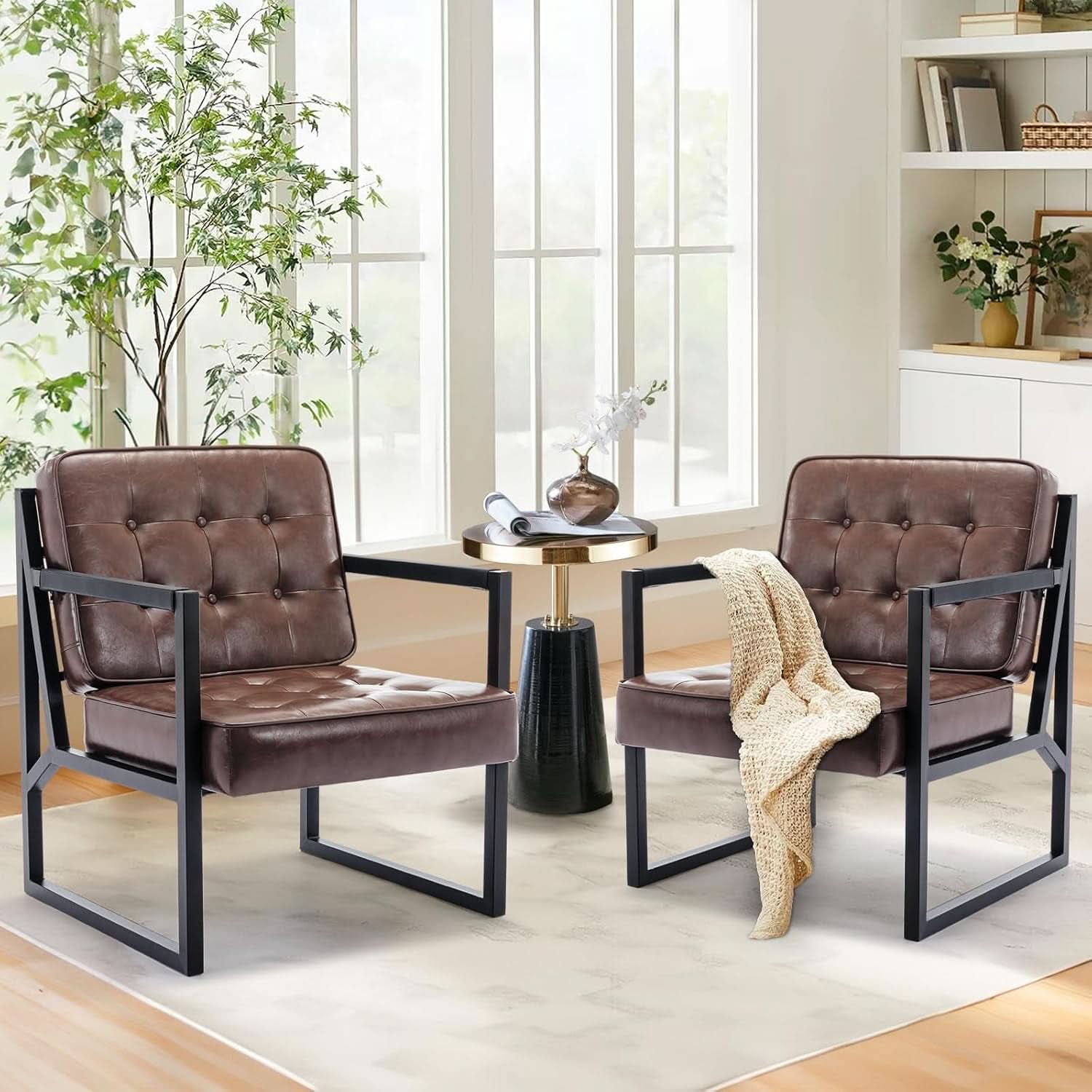 Mid Century Accent Chair Set of 2 in Brown Faux Leather