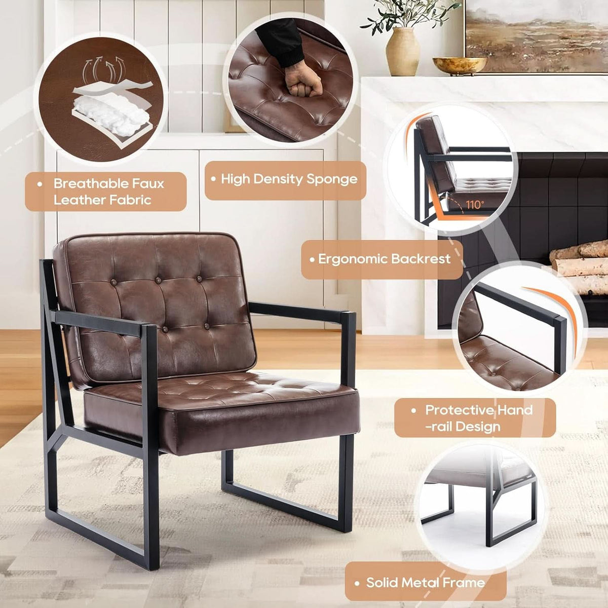 Mid Century Accent Chair Set of 2 in Brown Faux Leather