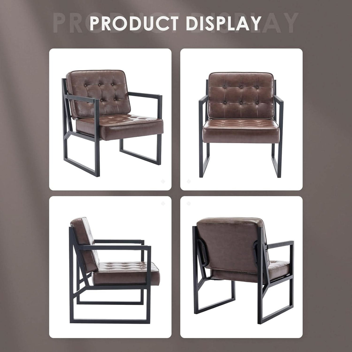 Mid Century Accent Chair Set of 2 in Brown Faux Leather
