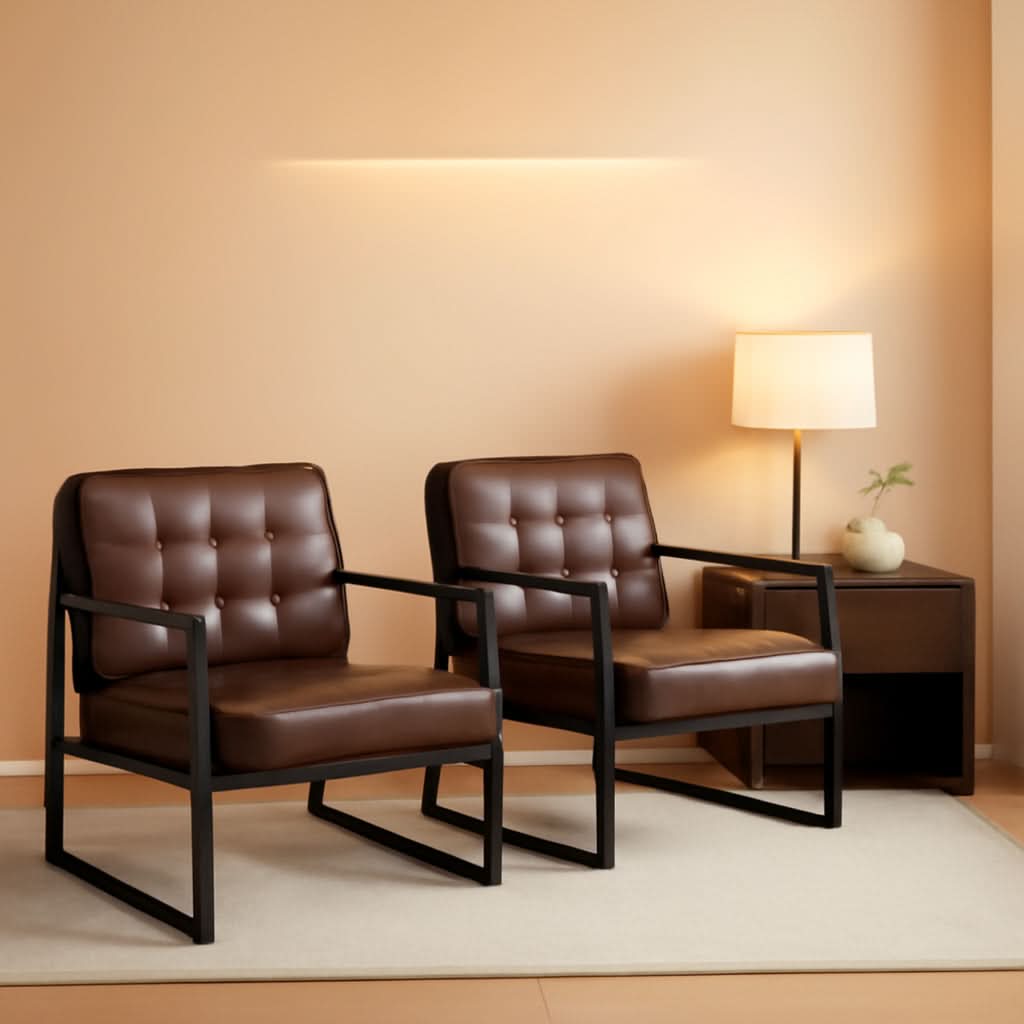 Mid Century Accent Chair Set of 2 in Brown Faux Leather