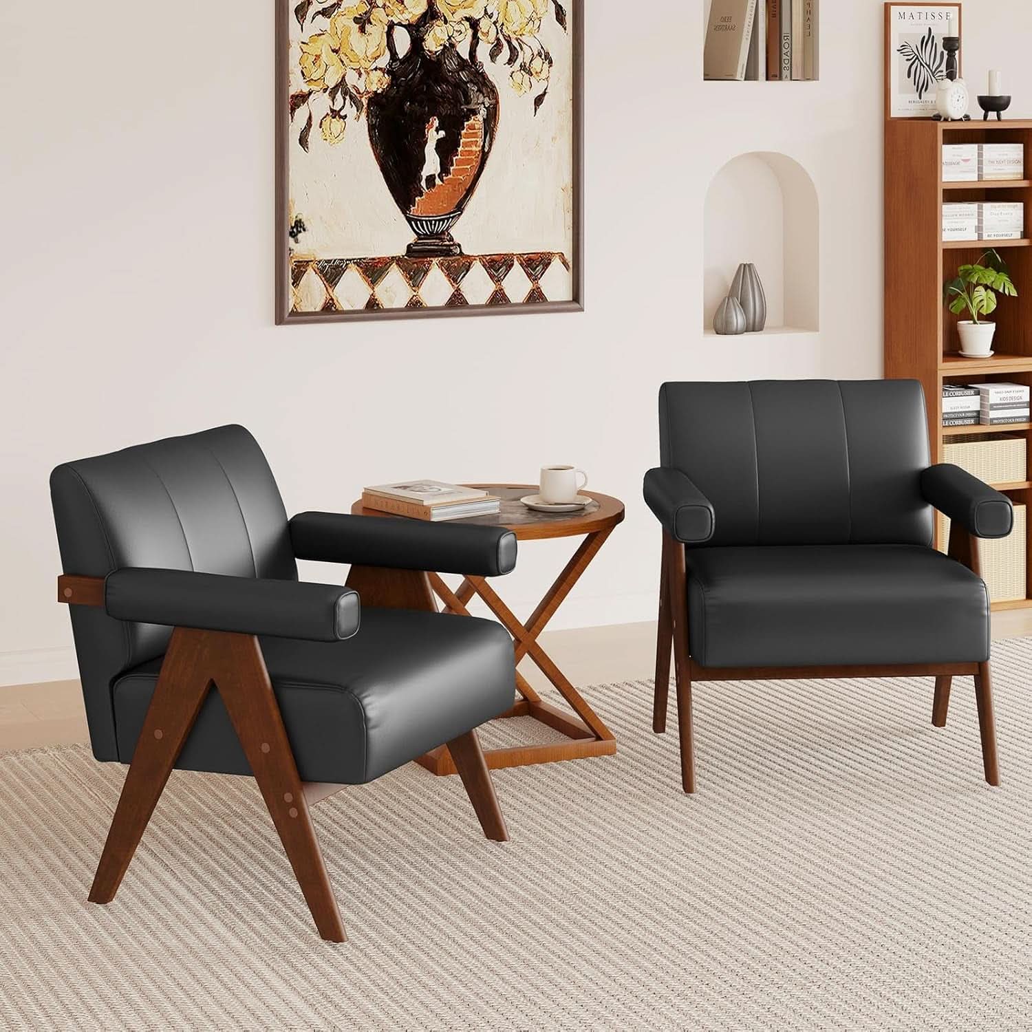 Mid Century Black Leather Upholstered Armchairs Pair