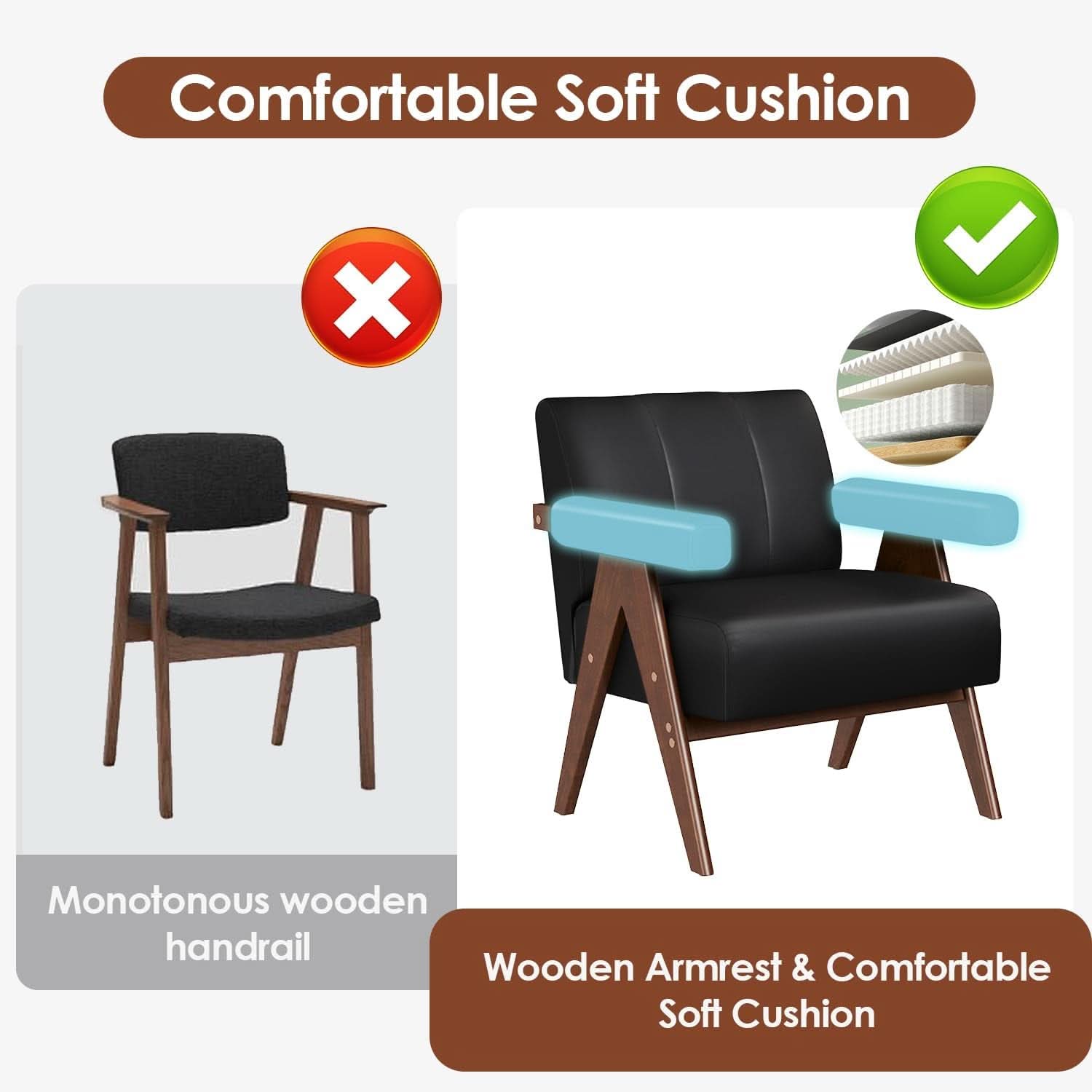 Mid Century Black Leather Upholstered Armchairs Pair