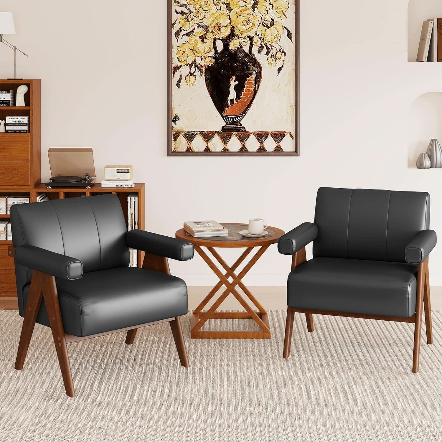 Mid Century Black Leather Upholstered Armchairs Pair