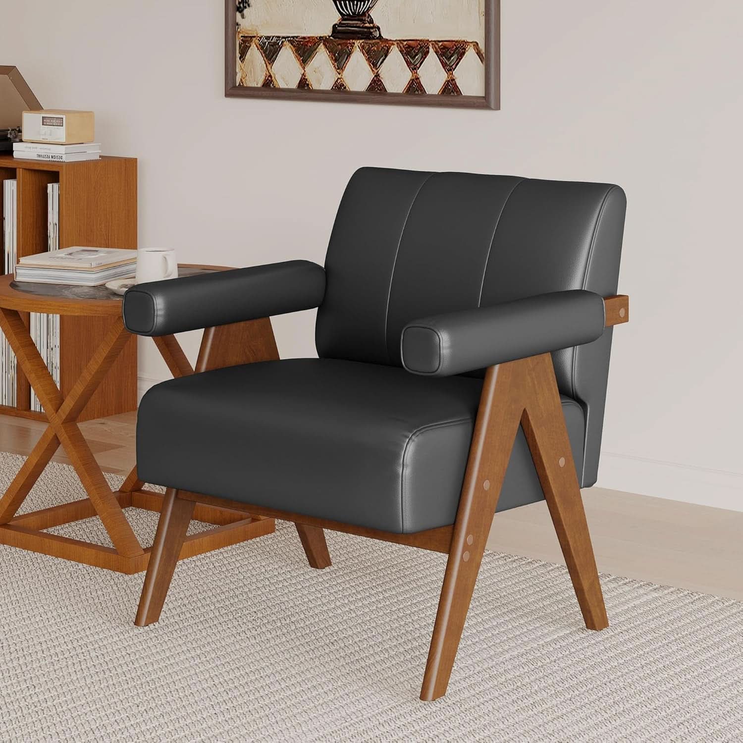 Mid Century Black Leather Upholstered Armchairs Pair