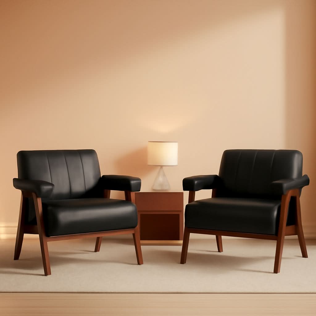 Mid Century Black Leather Upholstered Armchairs Pair