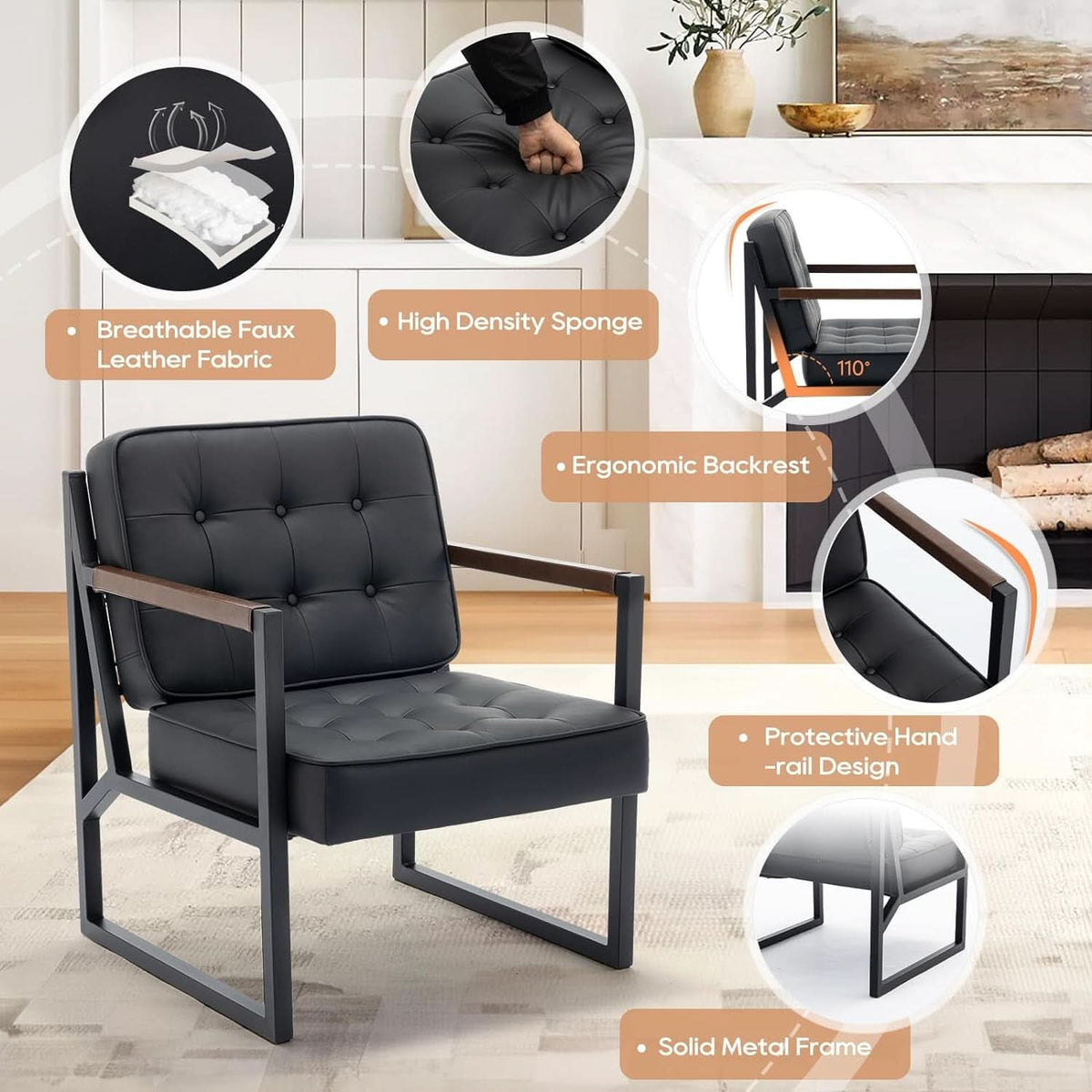 Mid Century Classic Black Leather Upholstered Accent Chair