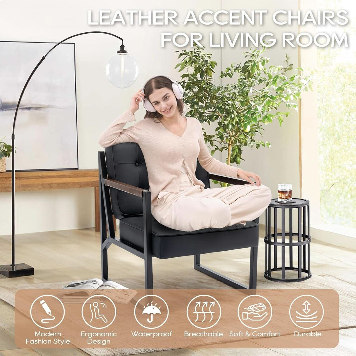 Mid Century Classic Black Leather Upholstered Accent Chair
