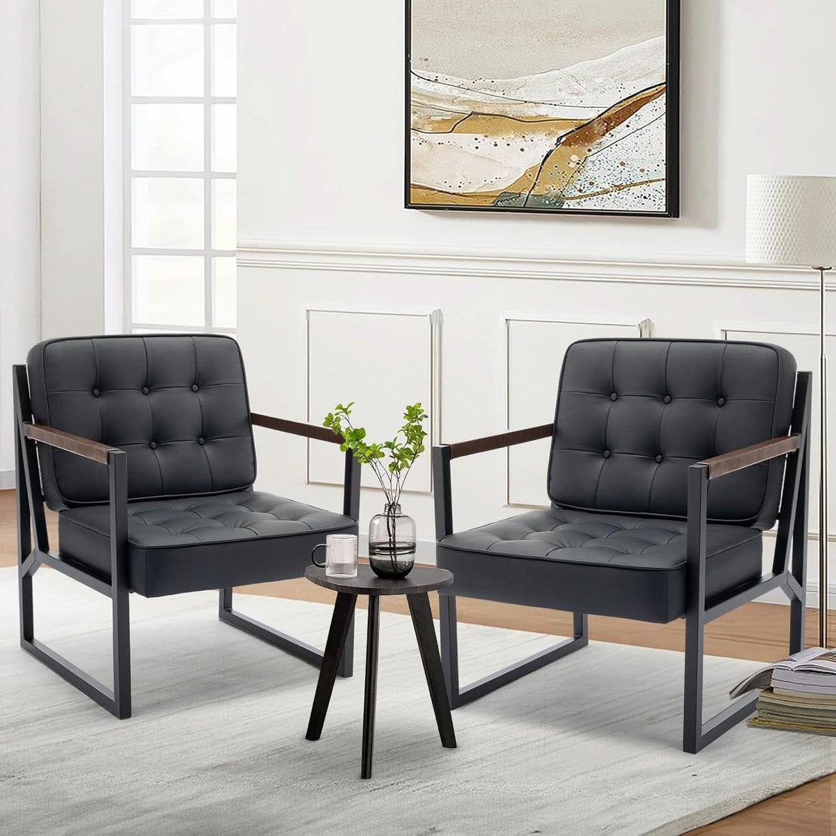 Mid Century Classic Black Leather Upholstered Accent Chair