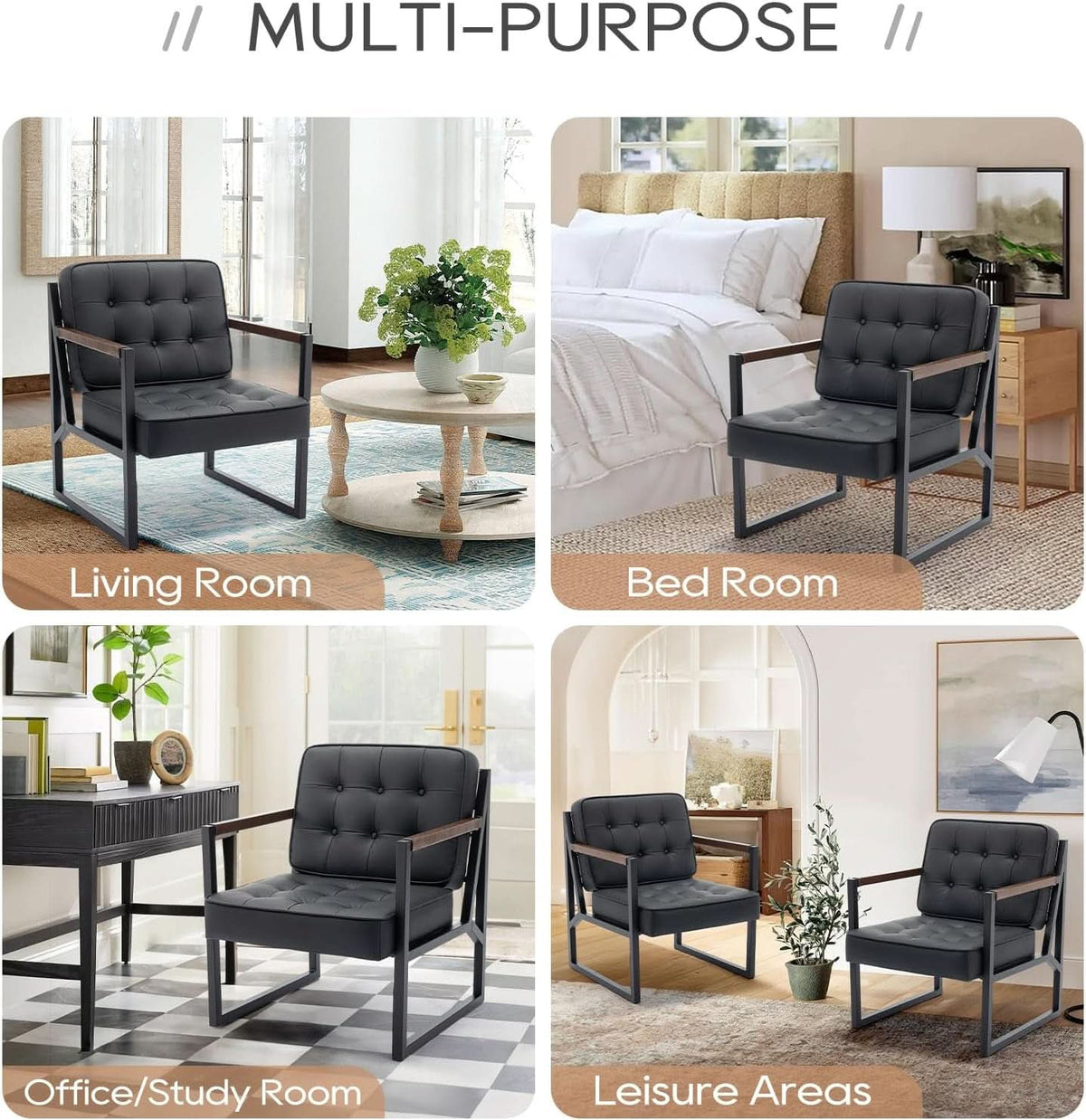 Mid Century Classic Black Leather Upholstered Accent Chair
