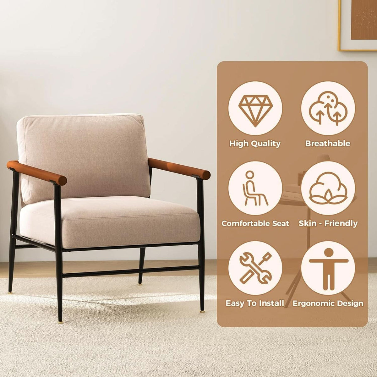 Mid Century Contemporary Accent Chair Linen Upholstery