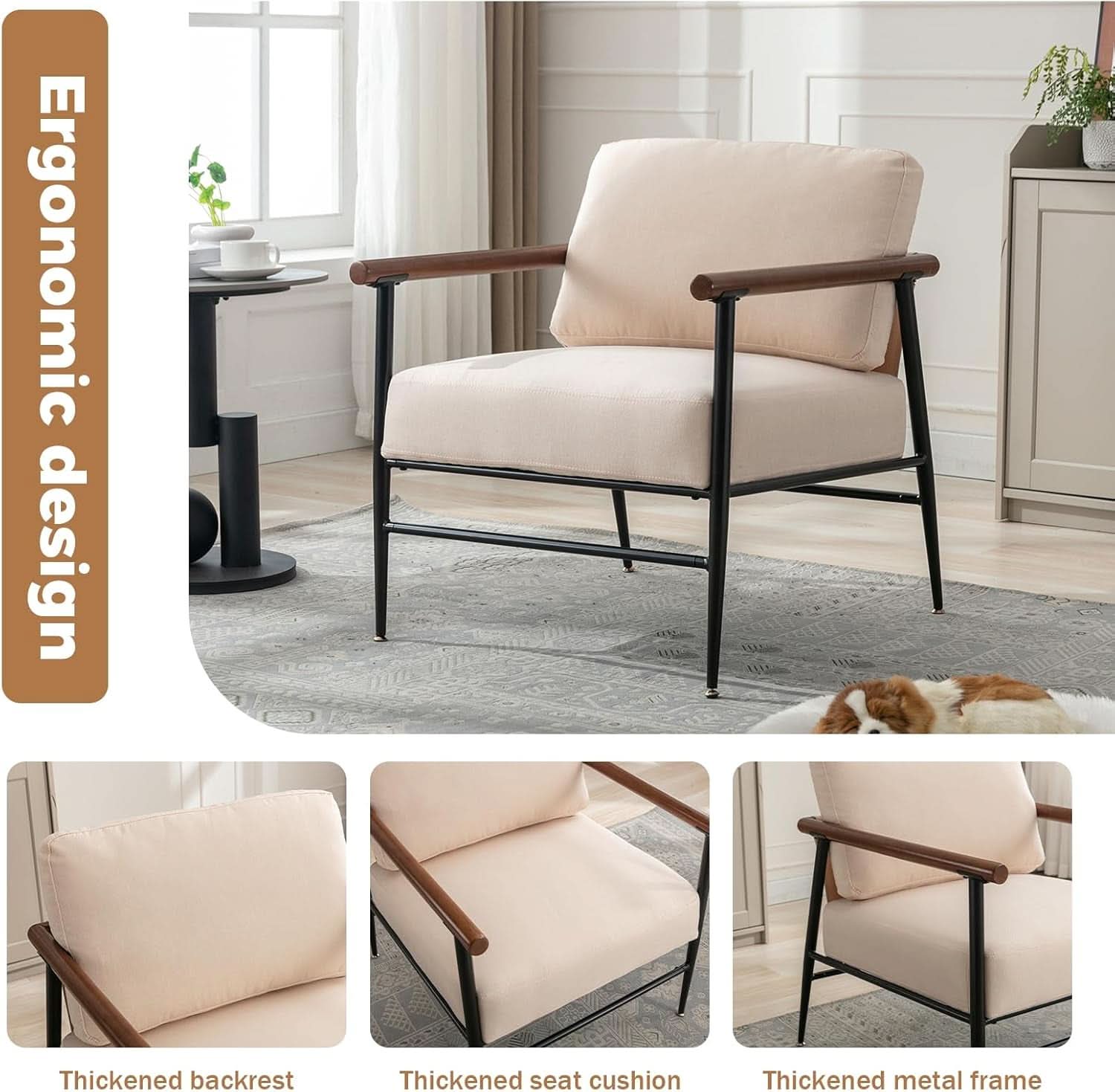 Mid Century Contemporary Accent Chair Linen Upholstery