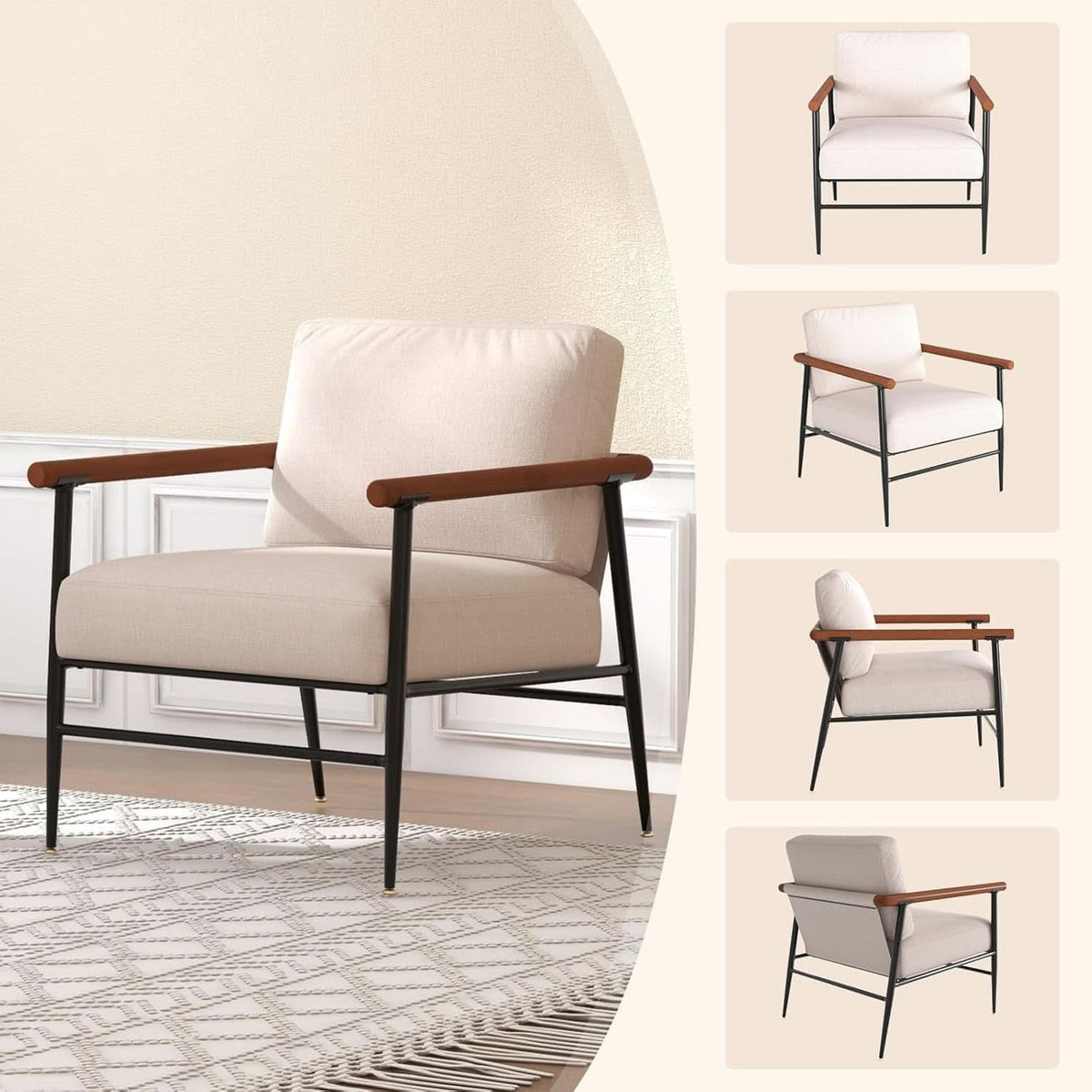 Mid Century Contemporary Accent Chair Linen Upholstery