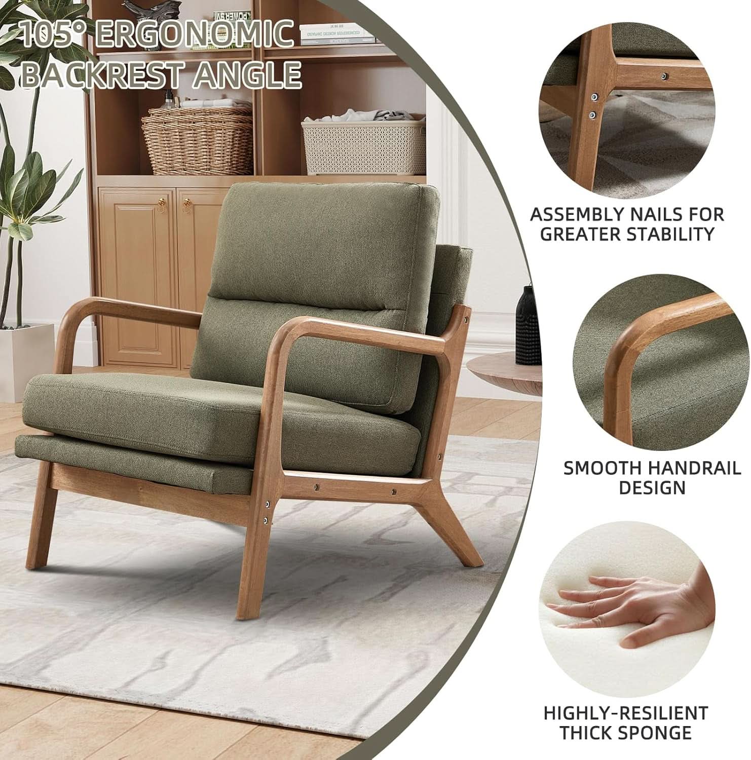 Mid Century Emerald Linen Upholstered Accent Chair