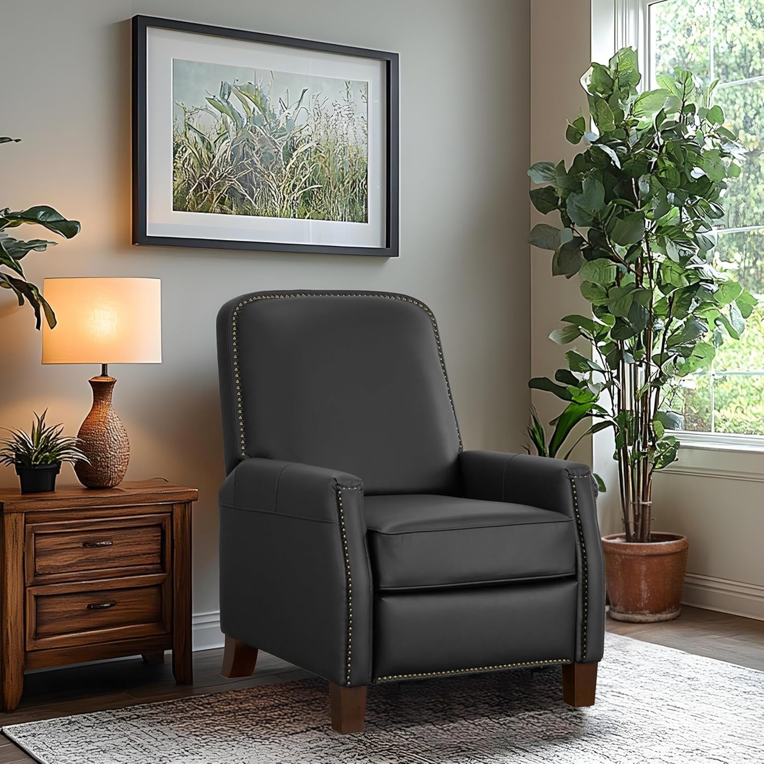 Mid Century Faux Leather Pushback Recliner Brass Trim
