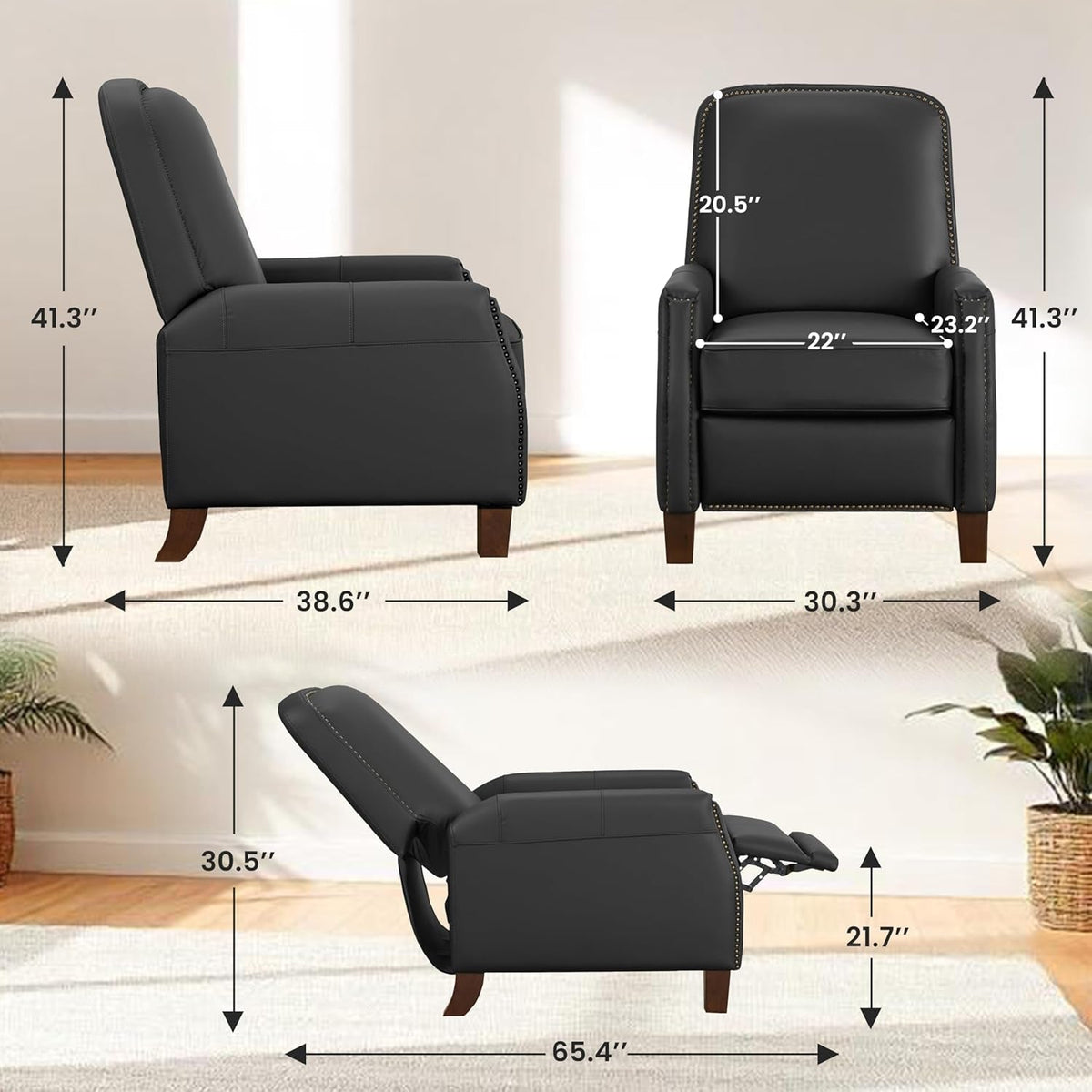 Mid Century Faux Leather Pushback Recliner Brass Trim