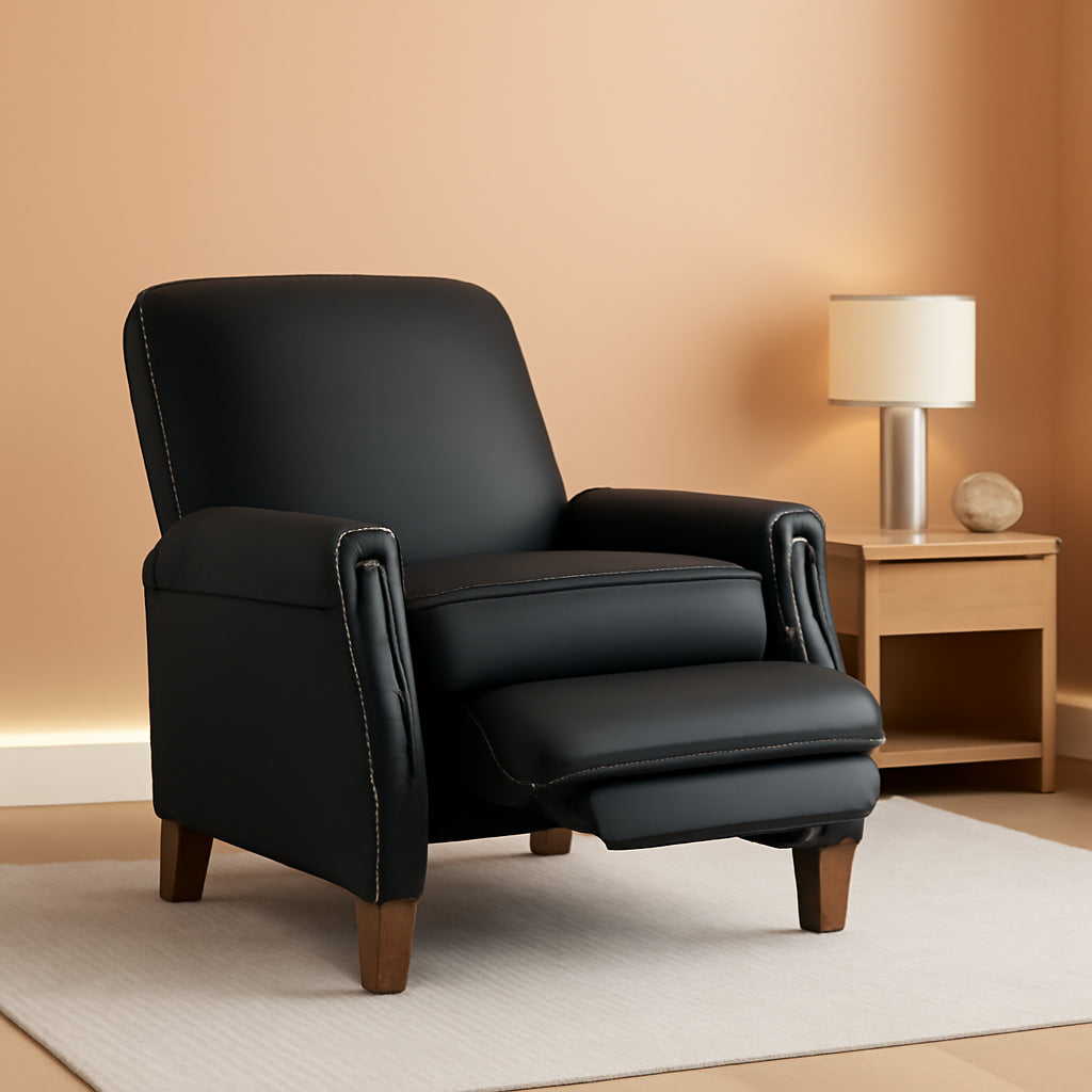 Mid Century Faux Leather Pushback Recliner Brass Trim