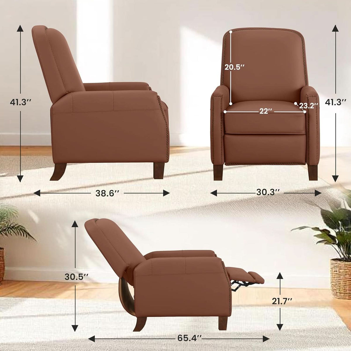 Mid-Century Faux Leather Recliner Chair Brown Nailhead Trim