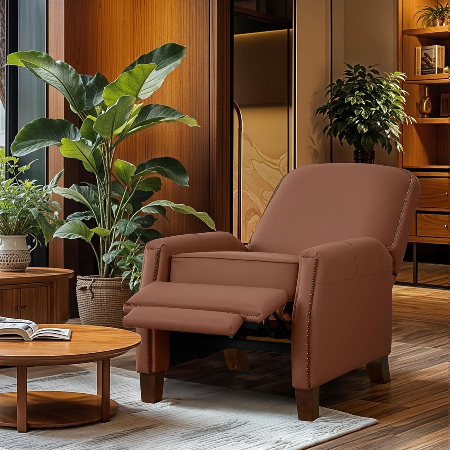Mid-Century Faux Leather Recliner Chair Brown Nailhead Trim