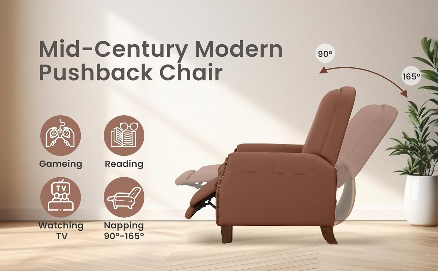 Mid-Century Faux Leather Recliner Chair Brown Nailhead Trim