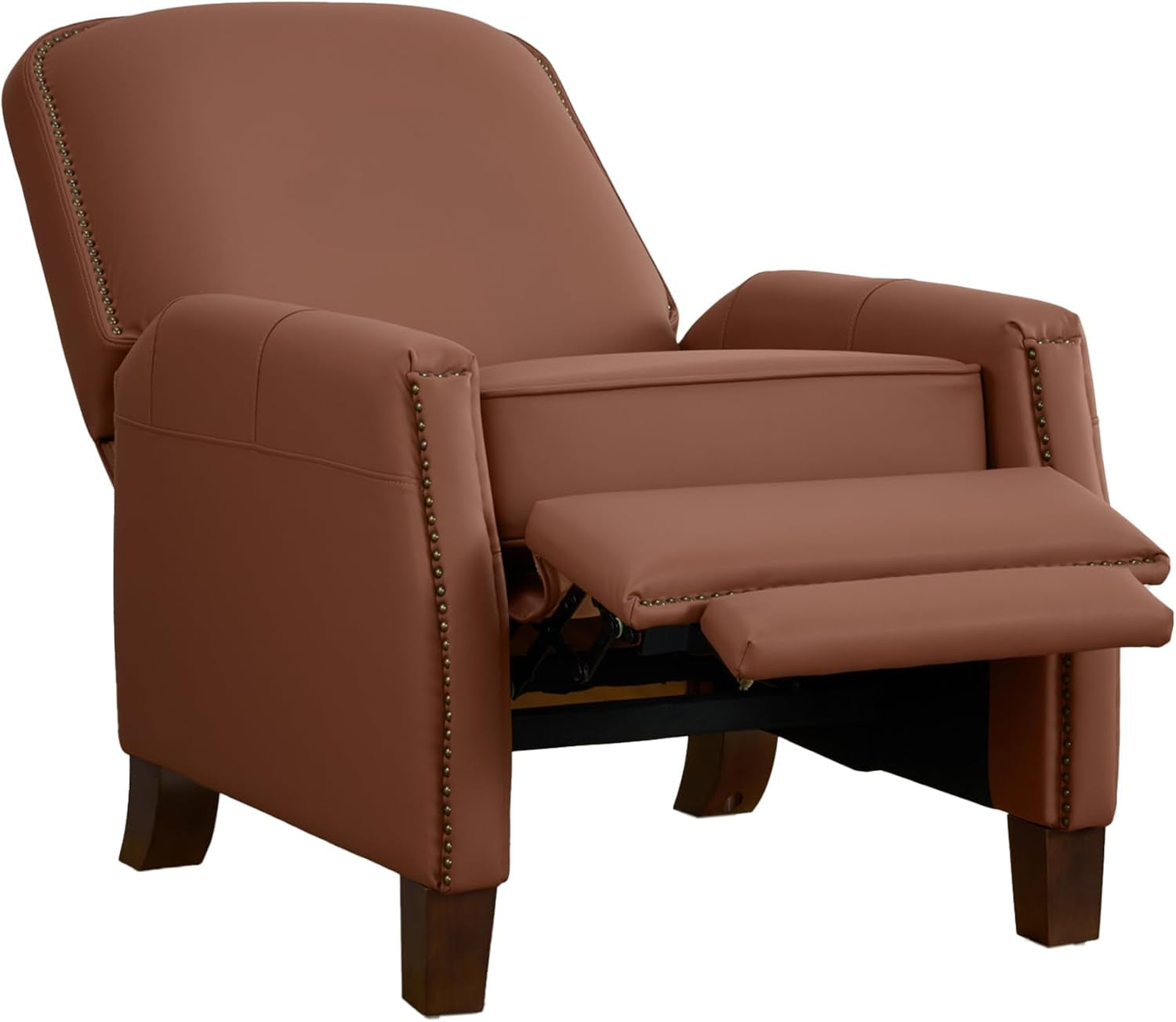 Mid-Century Faux Leather Recliner Chair Brown Nailhead Trim