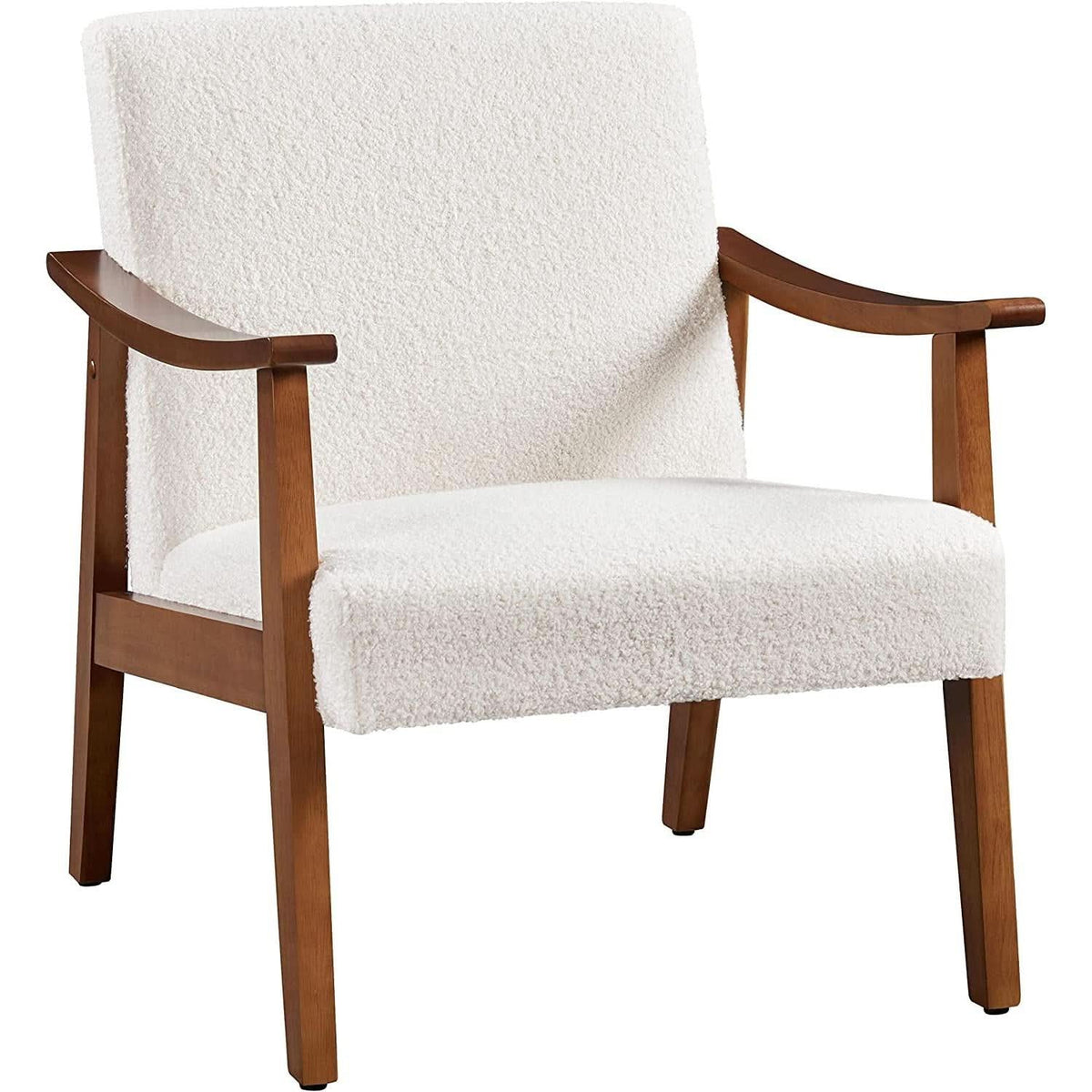 Mid Century Ivory Accent Chair With Wood Legs Boucle Upholstery