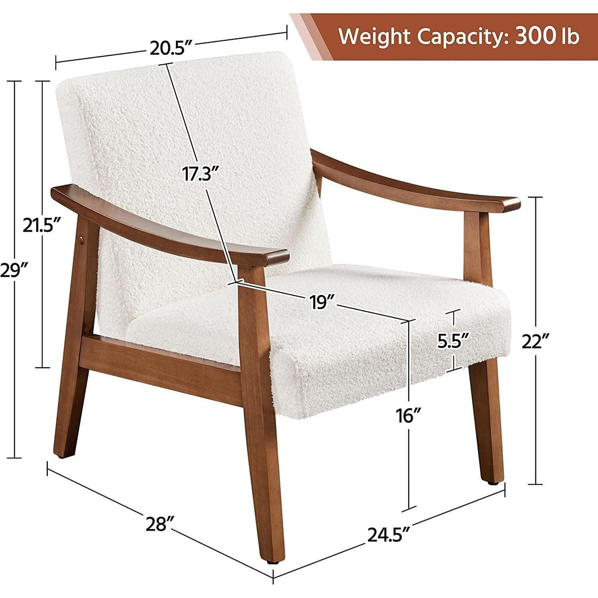 Mid Century Ivory Accent Chair With Wood Legs Boucle Upholstery