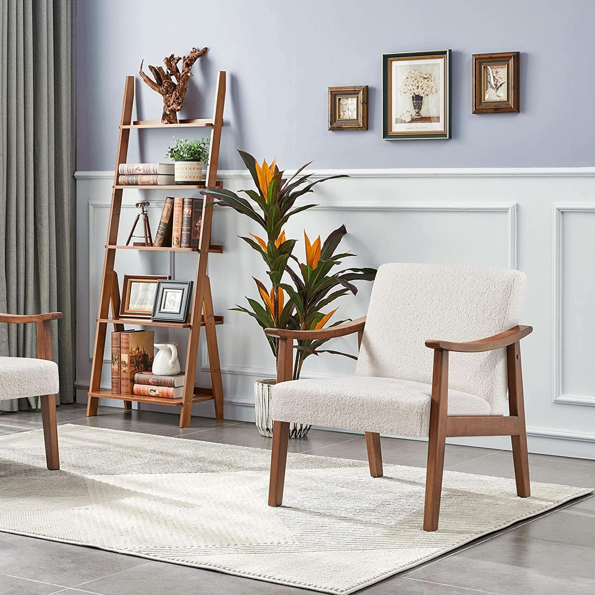 Mid Century Ivory Accent Chair With Wood Legs Boucle Upholstery