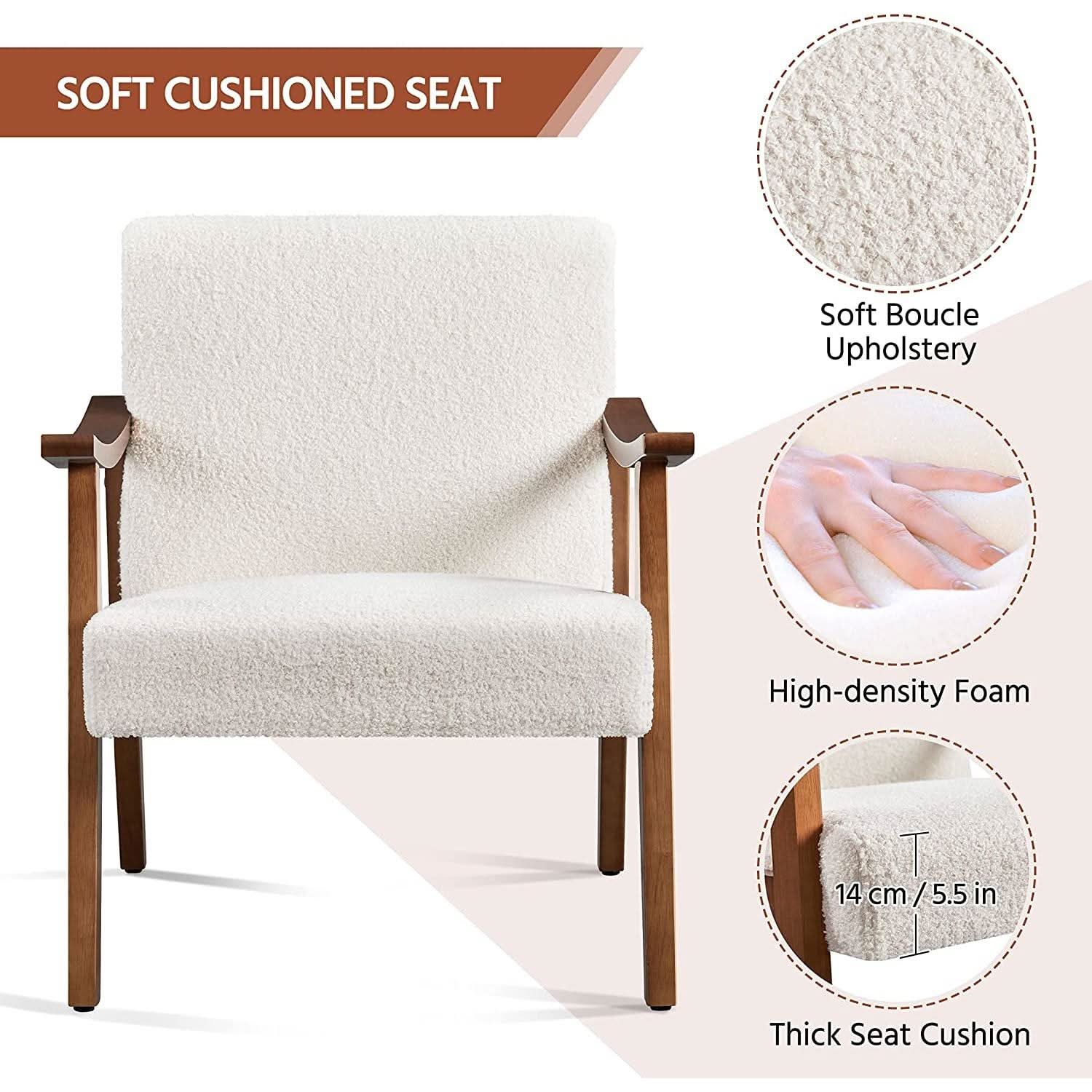 Mid Century Ivory Accent Chair With Wood Legs Boucle Upholstery