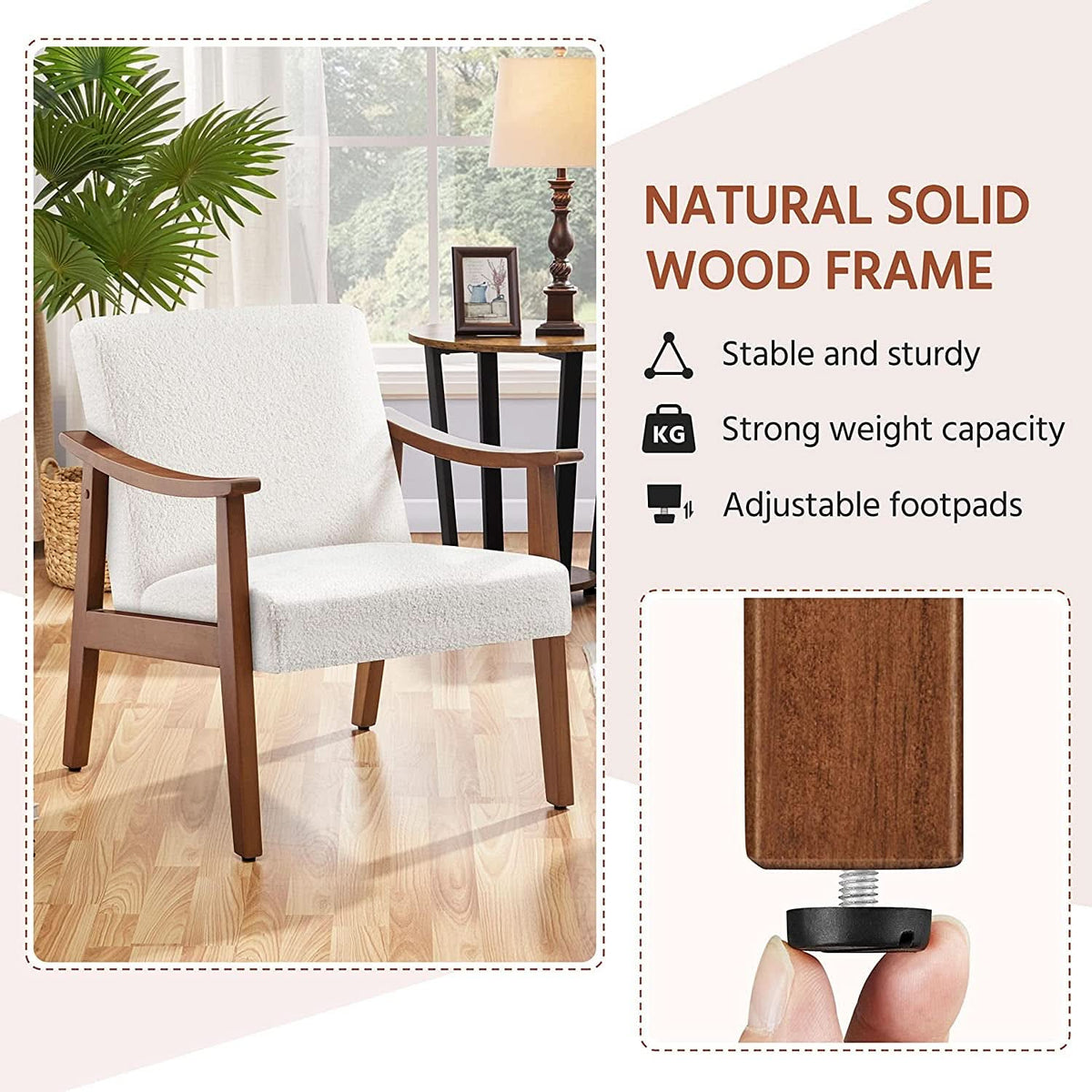 Mid Century Ivory Accent Chair With Wood Legs Boucle Upholstery