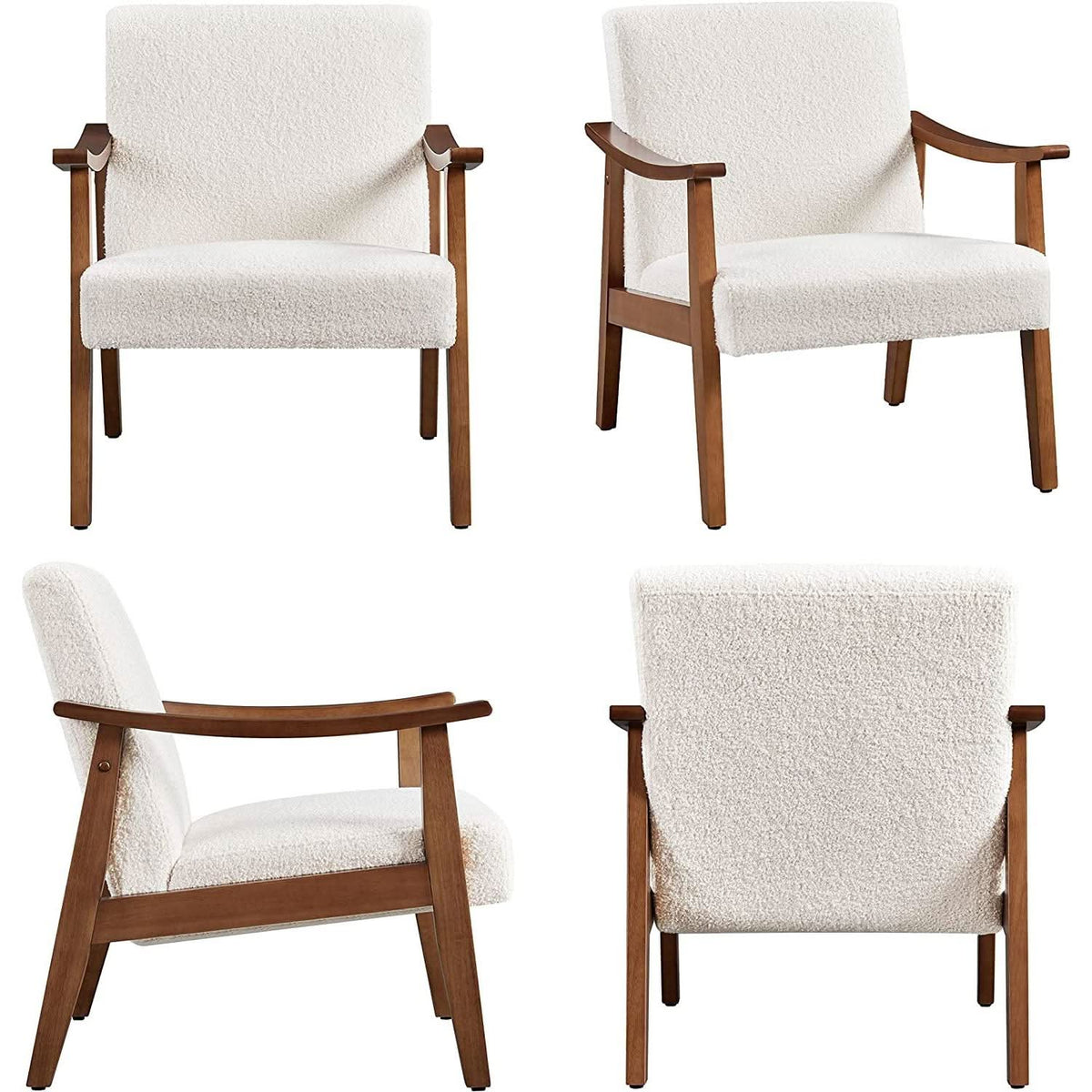Mid Century Ivory Accent Chair With Wood Legs Boucle Upholstery