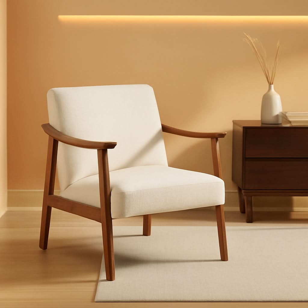 Mid Century Ivory Accent Chair With Wood Legs Boucle Upholstery