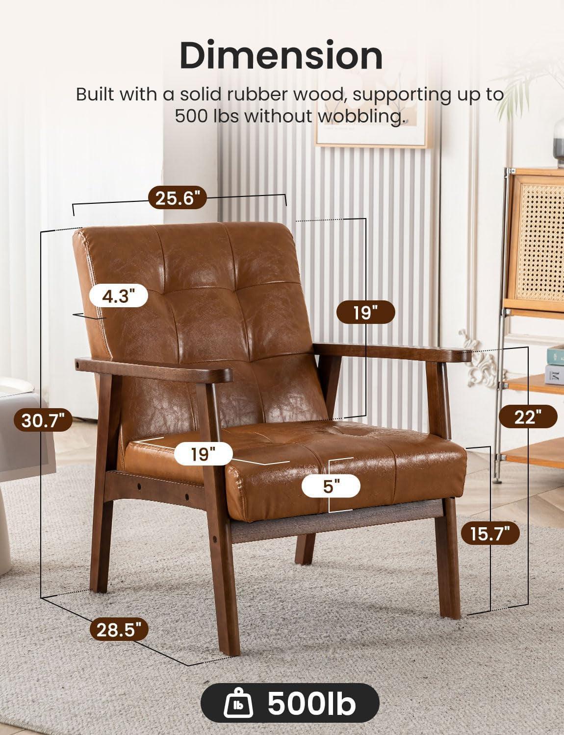 Mid Century Leather Accent Chair With Wooden Arms Brown