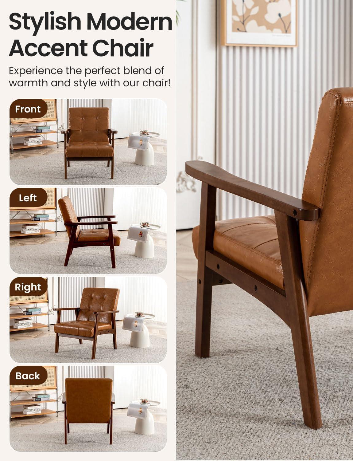 Mid Century Leather Accent Chair With Wooden Arms Brown