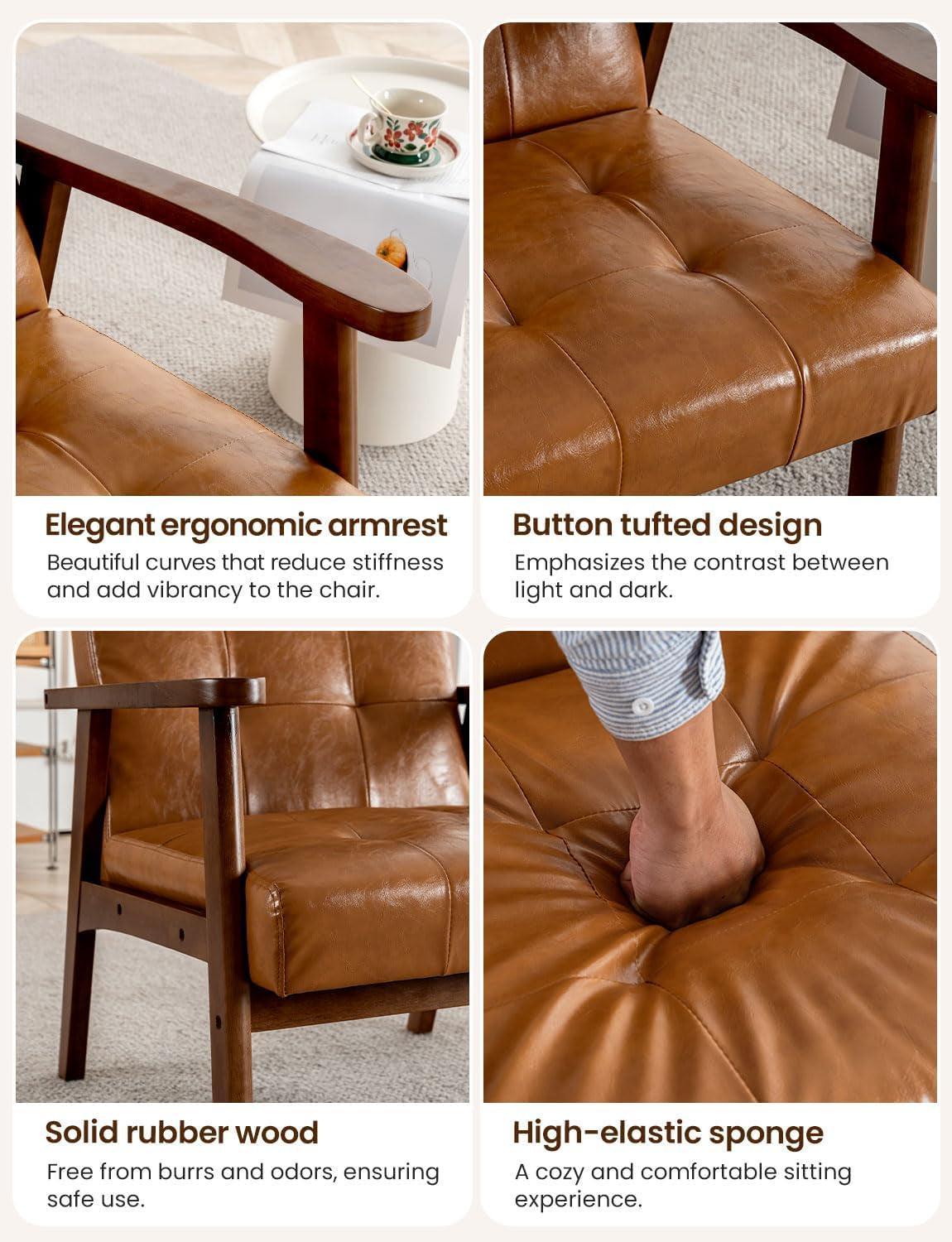 Mid Century Leather Accent Chair With Wooden Arms Brown
