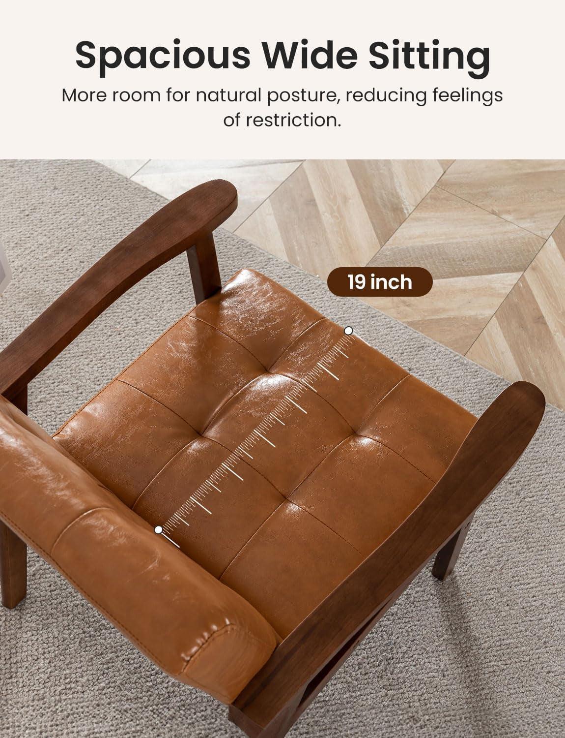 Mid Century Leather Accent Chair With Wooden Arms Brown