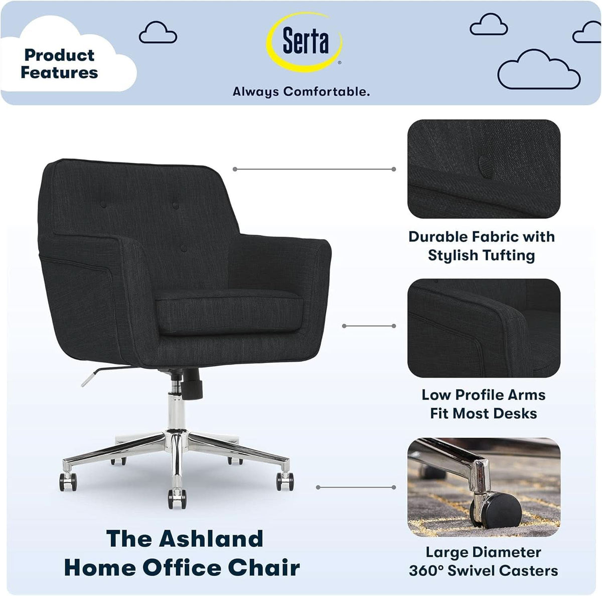 Mid Century Memory Foam Office Chair In Charcoal Gray