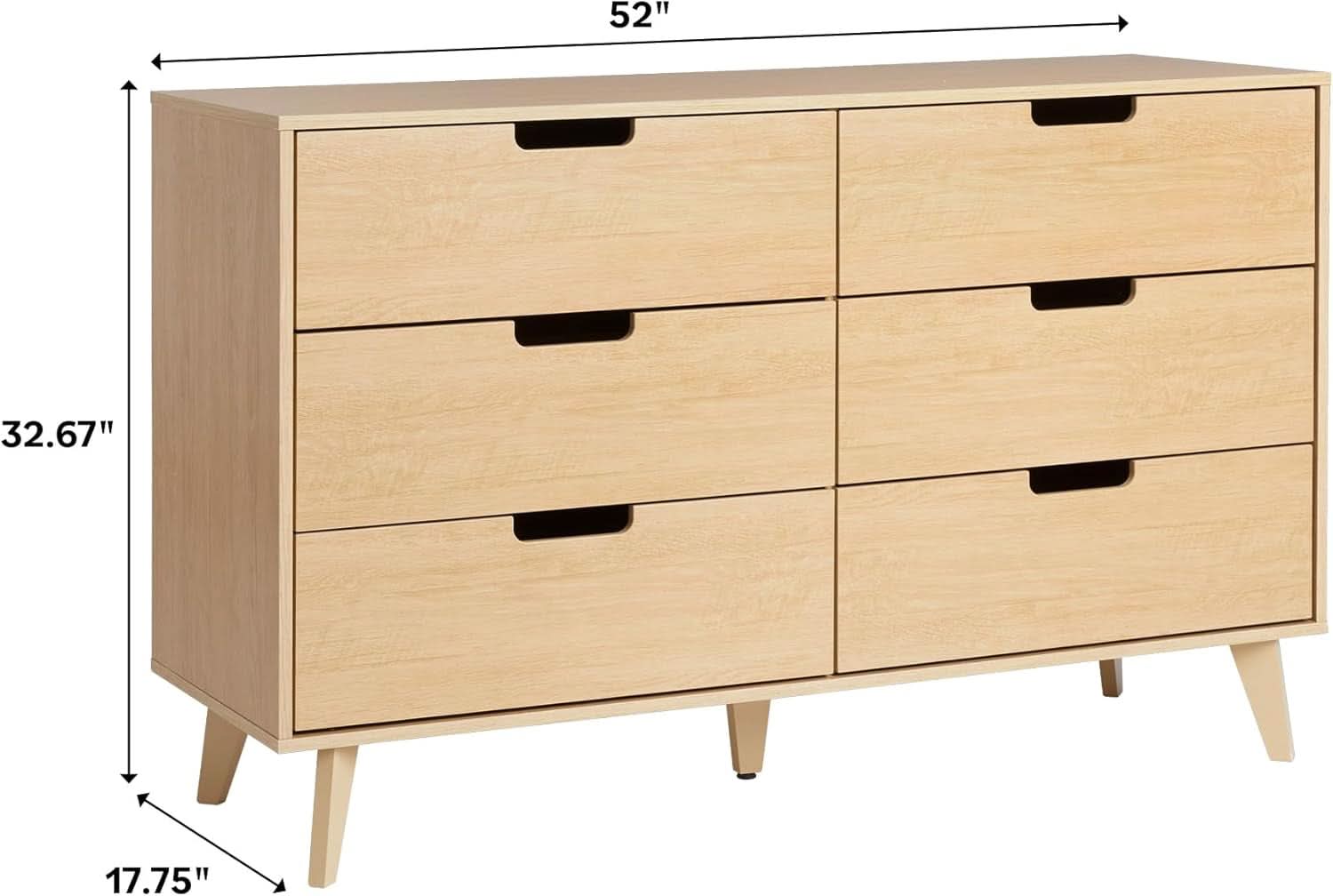 Mid-Century Modern 6-Drawer Dresser, 52 Inch Width
