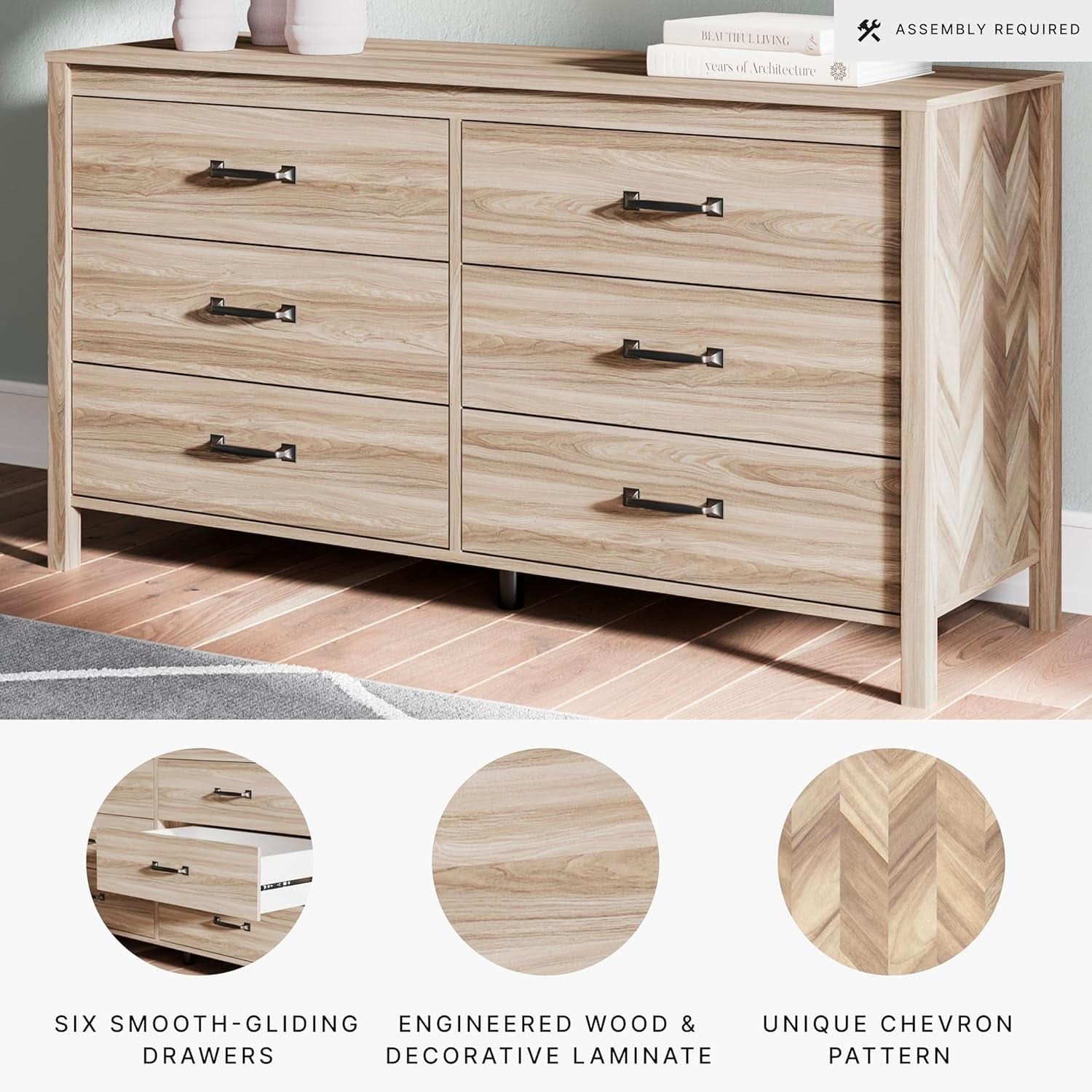 Mid-Century Modern 6 Drawer Dresser With Chevron Pattern