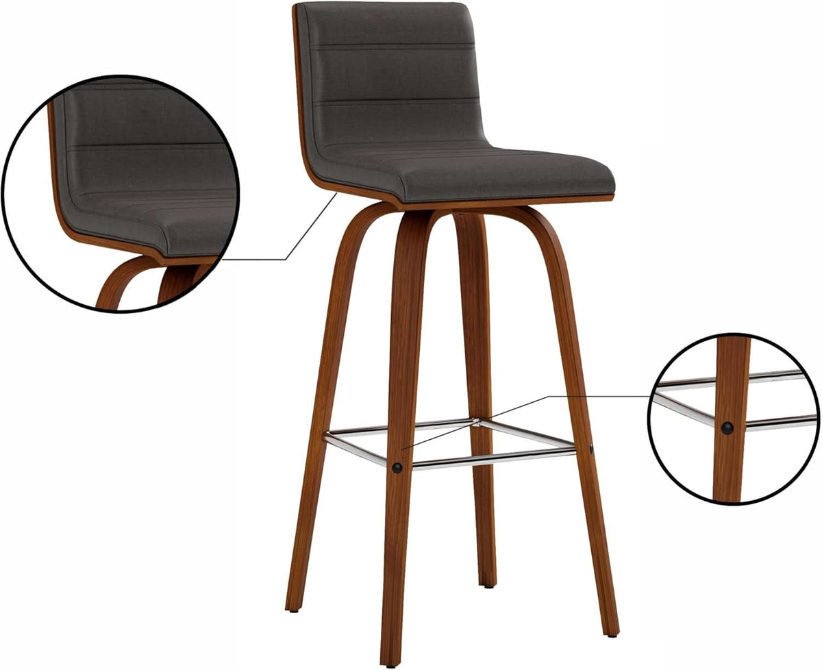 Mid-Century Modern Barstool Grey Faux Leather Wood Finish