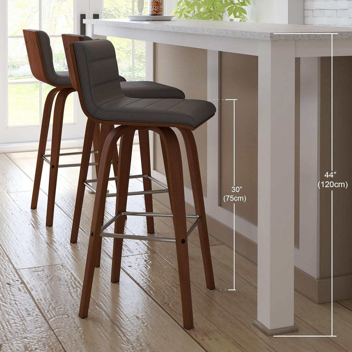 Mid-Century Modern Barstool Grey Faux Leather Wood Finish