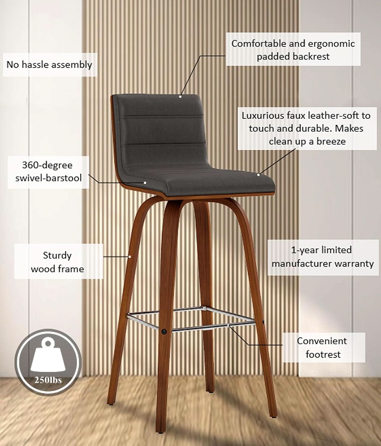 Mid-Century Modern Barstool Grey Faux Leather Wood Finish